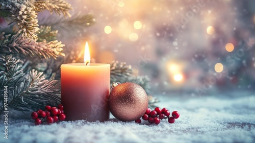 Candle glowing with holiday decoration in snowy winter scene. Festive and cozy Christmas ambiance concept