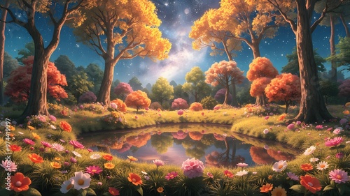Anime-style illustration depicting a forest with colorful flowers and a clear pond
