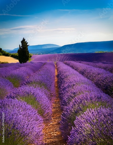 Lavender Fields in Provence, France, Stretching Across Rolling Hills