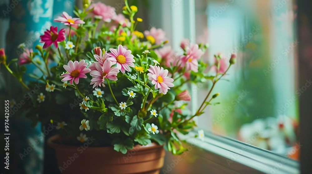 close up of flower in the pot near the window close up of flower in the pot near the window