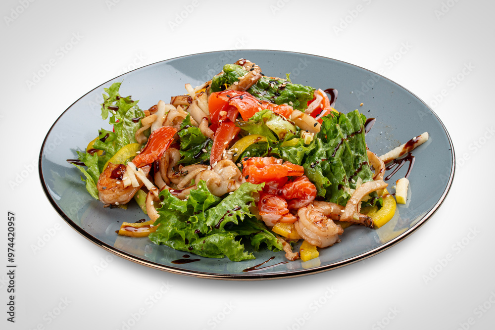 Di Mare salad: A refreshing mix of vegetables, herbs, and seafood, offering a taste of the Mediterranean sea. Di Mare salad: A refreshing mix of vegetables, herbs, and seafood, offering a taste of the Mediterranean sea.