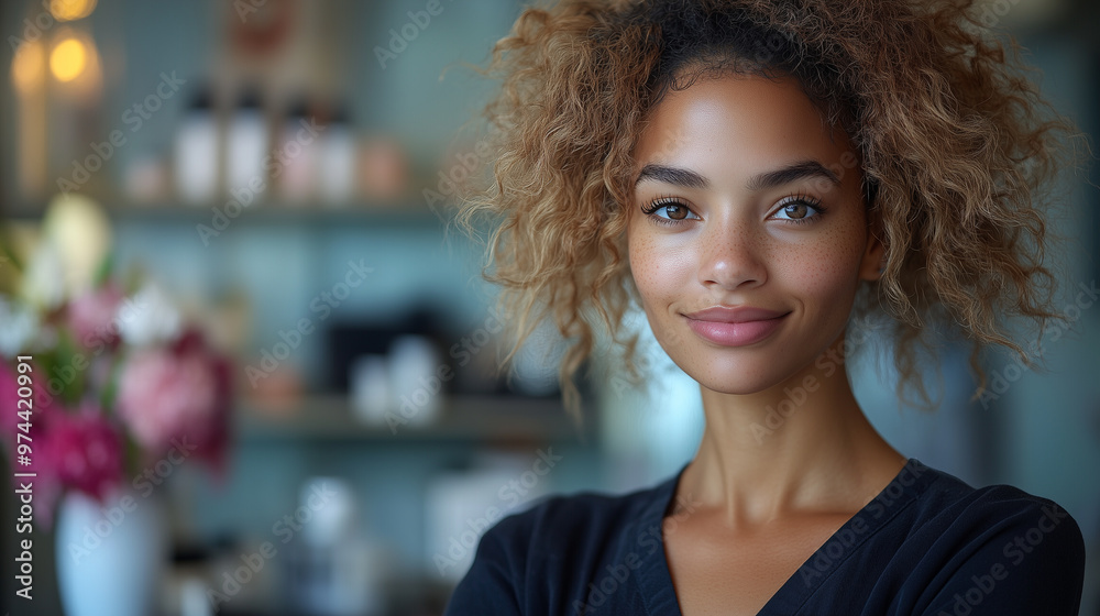 Closeup of smiling woman in a beauty salon with bright lights Closeup of smiling woman in a beauty salon with bright lights