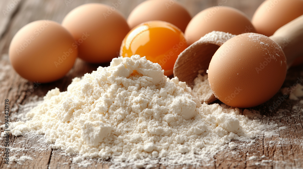 Baking ingredients including eggs and flour on a rustic table Baking ingredients including eggs and flour on a rustic table