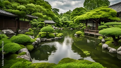 新緑の綺麗な池のある日本庭園