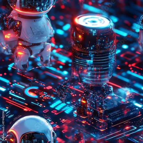 Futuristic scene featuring advanced robots and glowing circuitry, showcasing cutting-edge technology and artificial intelligence elements. photo