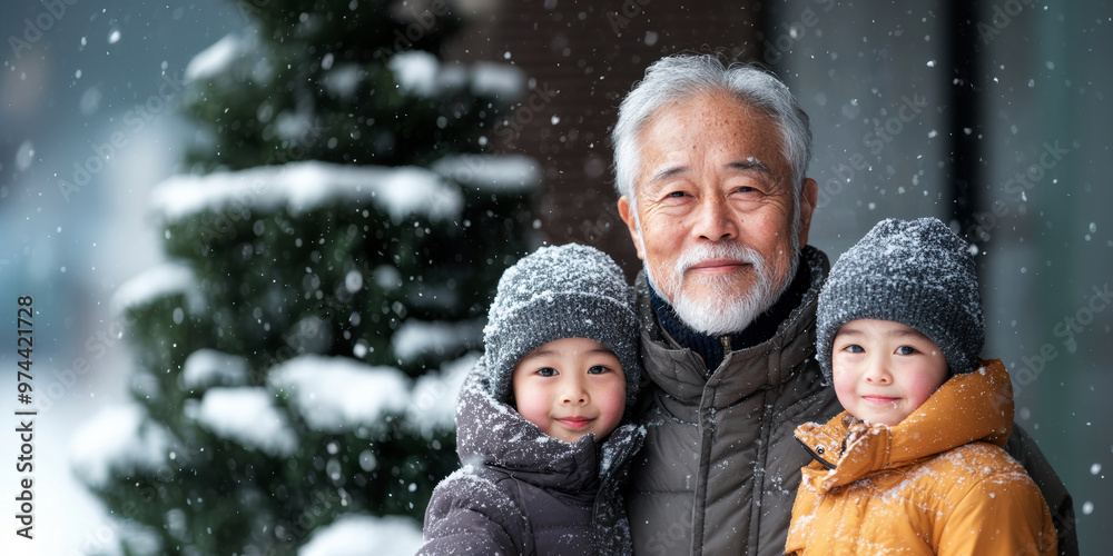 Obraz premium Happy grandfather hugging grandchildren who came to visit for Christmas holidays, poster with wishes for a merry Christmas and a happy New Year