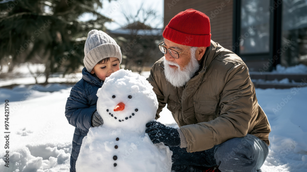 Christmas holidays, grandfather and granddaughter making a snowman in the yard of the house, family holidays, poster with wishes of Merry Christmas and Happy New Year Christmas holidays, grandfather and granddaughter making a snowman in the yard of the house, family holidays, poster with wishes of Merry Christmas and Happy New Year