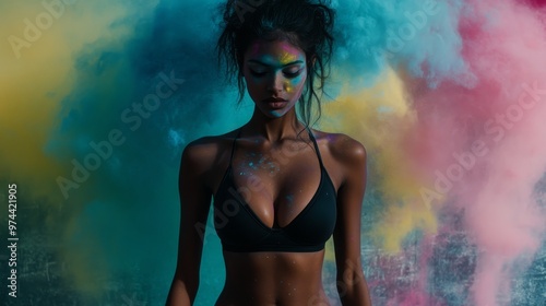 Woman with colorful powder on body against vibrant background