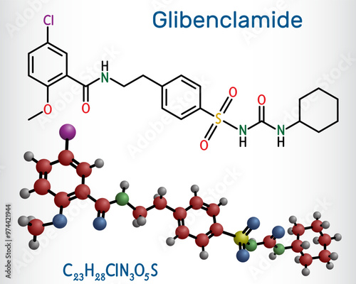 Glibenclamide, glyburide molecule. Sulfonylurea used in the treatment of non insulin dependent diabetes mellitus. Structural chemical formula, molecule model. Vector