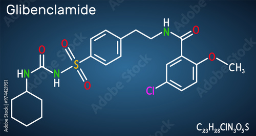 Glibenclamide, glyburide molecule. Sulfonylurea used in the treatment of non insulin dependent diabetes mellitus. Structural chemical formula, dark blue background. Vector