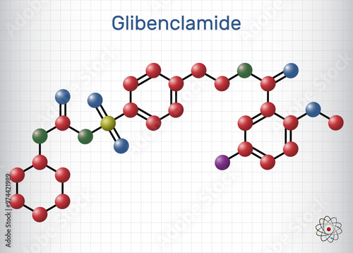 Glibenclamide, glyburide molecule. Sulfonylurea used in the treatment of non insulin dependent diabetes mellitus. Molecule model. Sheet of paper in a cage. Vector