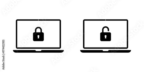 Laptop computer with lock and unlock icon. Padlock security on notebook display concept
