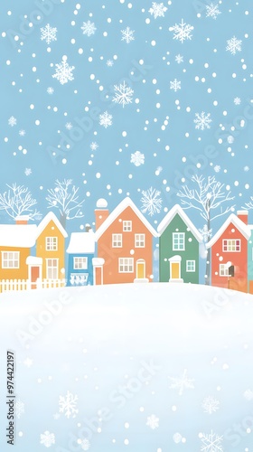 A simple vector illustration of an animated Christmas winter town with houses, snowflakes falling from the sky, and a snowy landscape