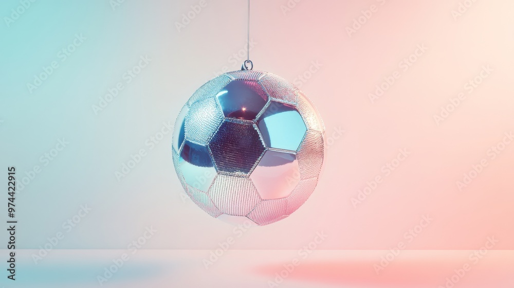 Naklejka premium Metallic soccer disco ball hanging against pastel background, contemporary art concept