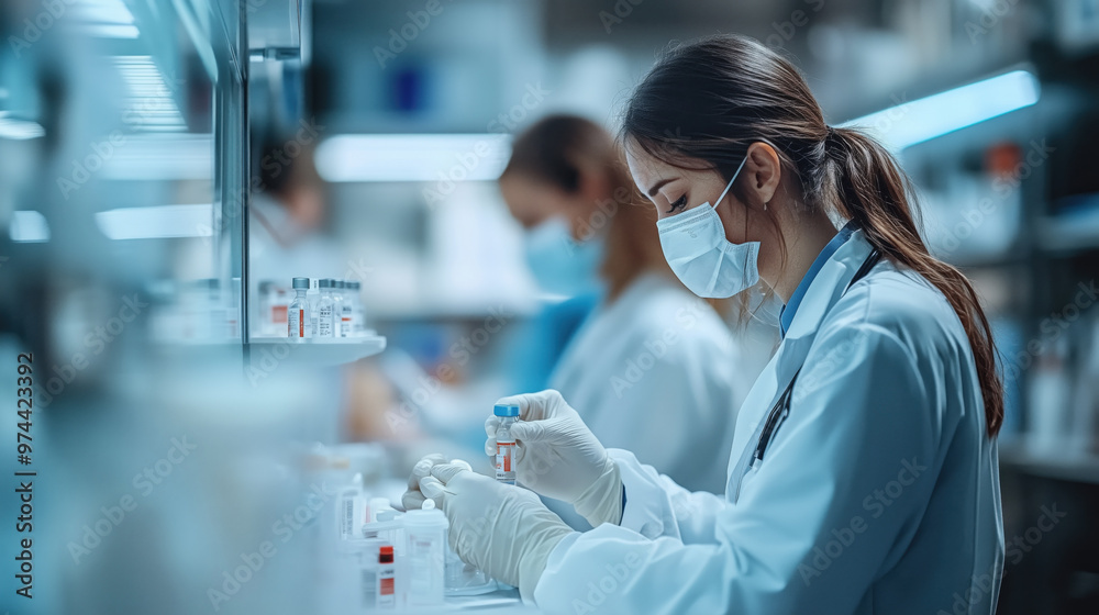 A focused healthcare professional in lab coat examines vial in modern laboratory setting, showcasing dedication and precision in their work A focused healthcare professional in lab coat examines vial in modern laboratory setting, showcasing dedication and precision in their work