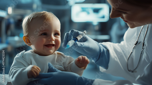 A medical doctor gently examines smiling baby in clinical setting, showcasing warm and caring interaction. scene highlights importance of pediatric care and bond between healthcare professionals and t