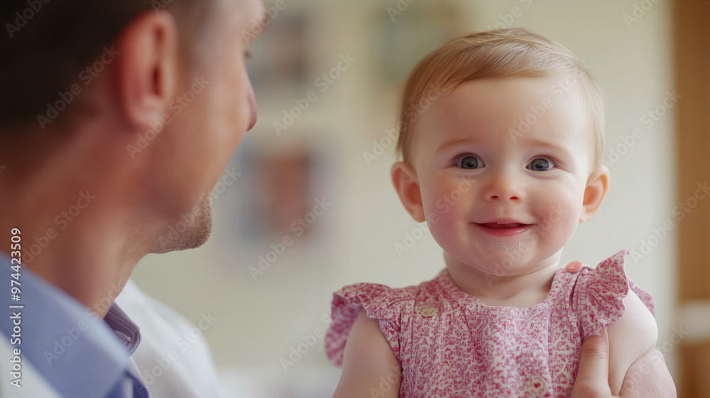 A doctor is comforting baby, showcasing warm and caring interaction. baby smiles joyfully, reflecting sense of safety and trust in doctors presence A doctor is comforting baby, showcasing warm and caring interaction. baby smiles joyfully, reflecting sense of safety and trust in doctors presence