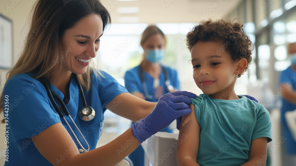 A nurse is caring for child receiving vaccination in bright, welcoming clinic. scene captures warmth and professionalism of healthcare, highlighting importance of childhood immunizations A nurse is caring for child receiving vaccination in bright, welcoming clinic. scene captures warmth and professionalism of healthcare, highlighting importance of childhood immunizations