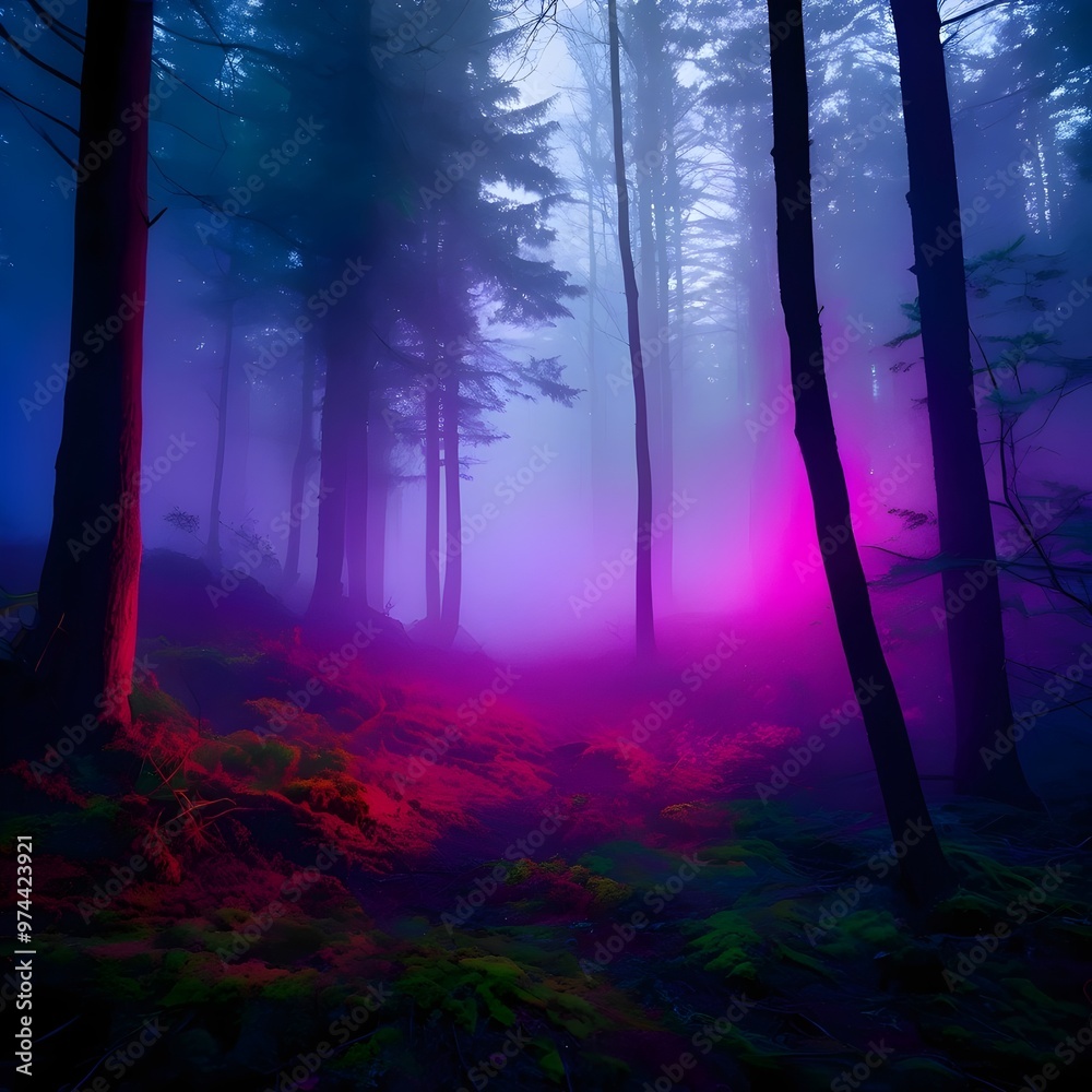 Fototapeta premium Misty Forest with Neon Light