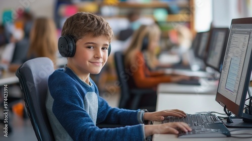 Young Boy Smiling While Using a Computer in a Classroom