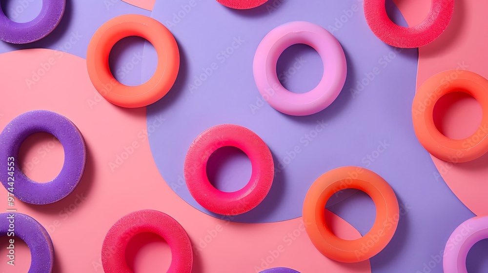 Fototapeta premium Colorful rubbers circle closeup on pink and purple background