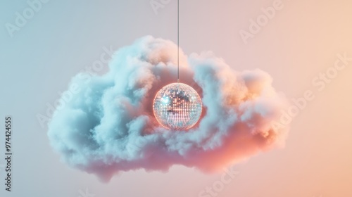 Cloud with hanging disco ball, surreal art concept