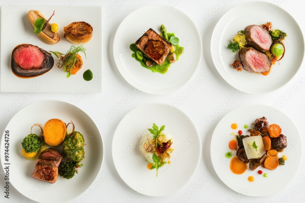 An elegant display of gourmet dishes arranged on white plates for fine dining. An elegant display of gourmet dishes arranged on white plates for fine dining.