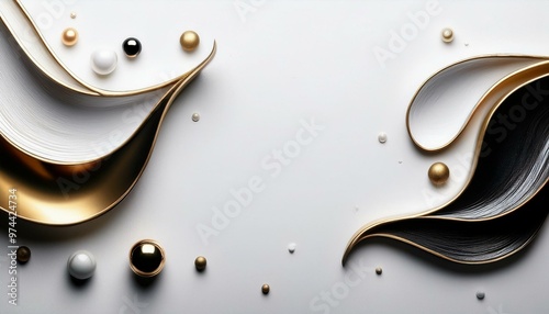 Abstrakcyjne białe tło z kulkami i falującymi czarnymi i złotymi elementami © Monika