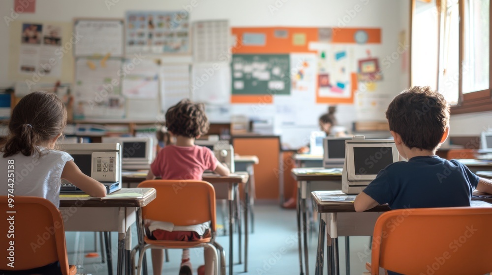 Classroom with Children Using Outdated Technology at Their Desks Classroom with Children Using Outdated Technology at Their Desks