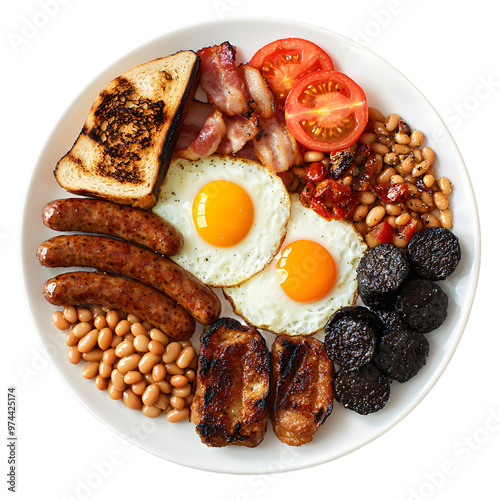 Full English Breakfast with eggs, bacon, sausages, baked beans, grilled tomatoes, black pudding, and toast, isolated photo