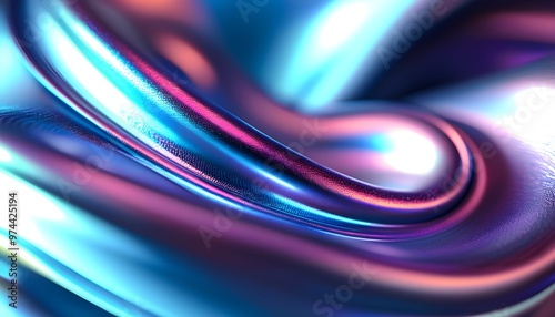 Sleek modern abstract shape with glossy metal texture shimmering in captivating blue and purple gradients