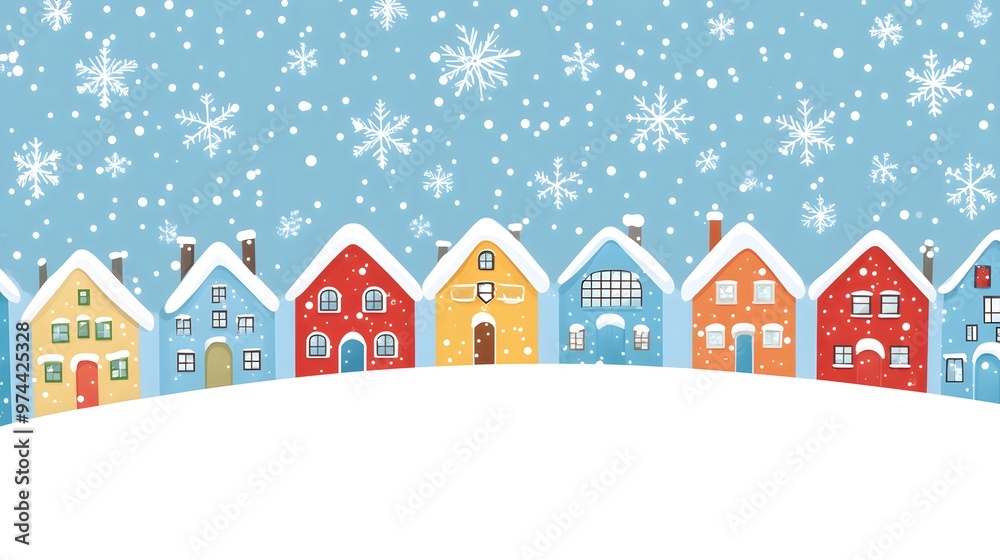 A simple vector illustration of an animated Christmas winter town with houses, snowflakes falling from the sky, and a snowy landscape