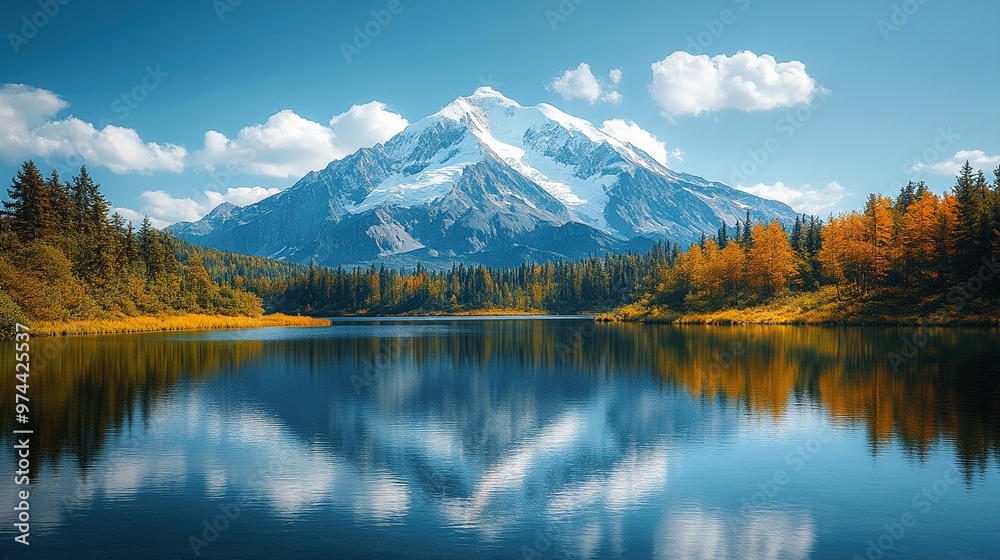 A snow-capped mountain reflected in a crystal-clear lake