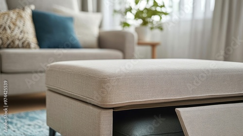 A close-up of a multifunctional ottoman that opens for storage in a small living room photo