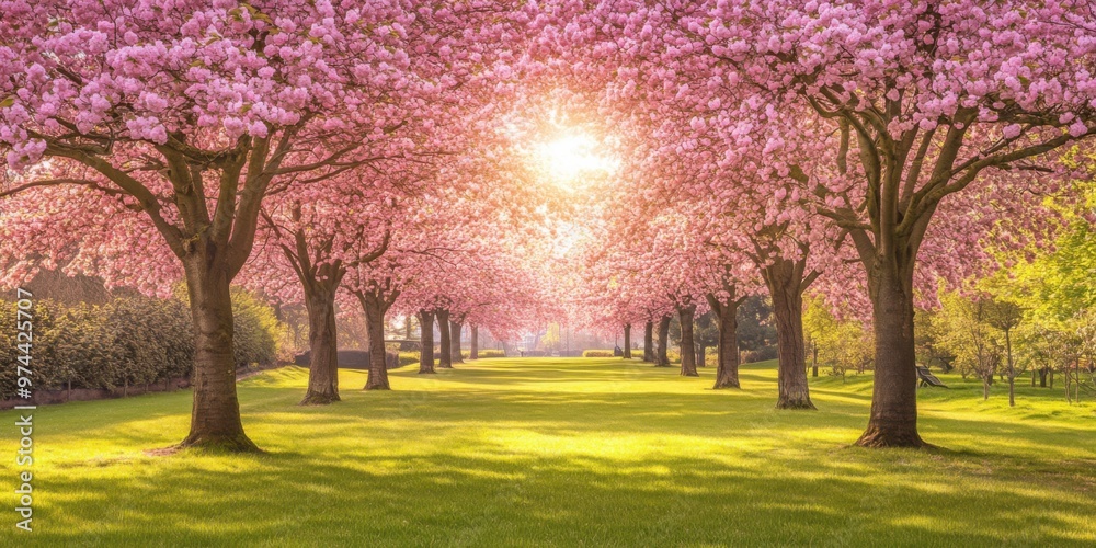 Naklejka premium Beautiful Park Filled with Cherry Blossom Trees in Full Bloom Creating a Pink Canopy