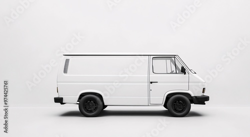 A side view of a vintage white delivery van against a neutral background showcasing its classic design