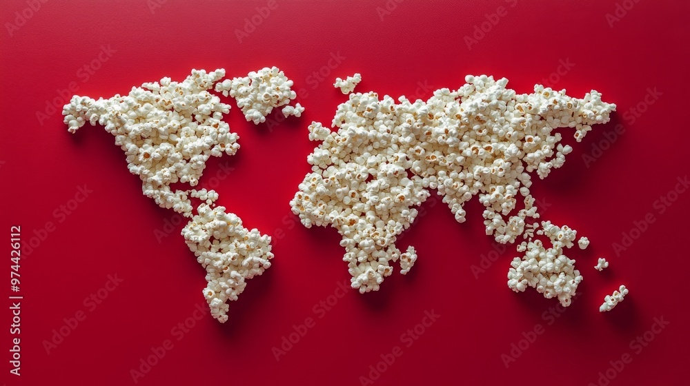 World map made of popcorn on a red background World map made of popcorn on a red background