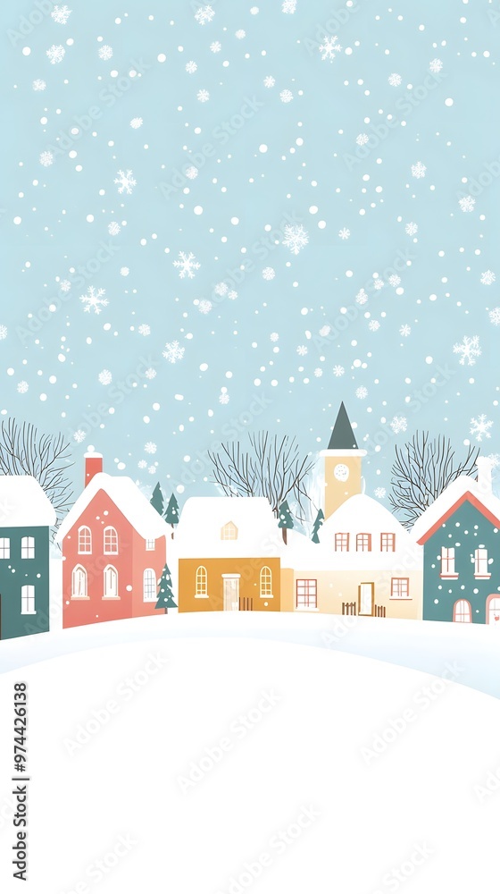 A simple vector illustration of an animated Christmas winter town with houses, snowflakes falling from the sky, and a snowy landscape