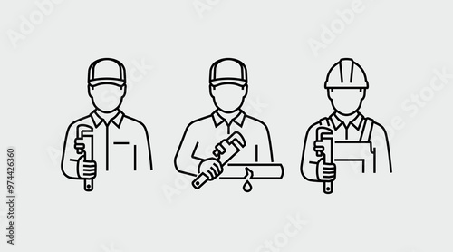 Plumbing Service Plumber With Heavy Duty Pipe Wrench Vector Line Icons