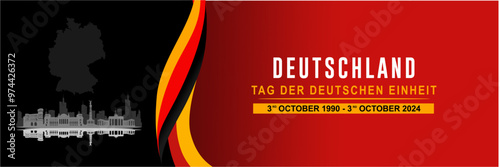 Celebrate the German Unity Day (Tag Der Deutschen Einheit) on 3rd October with silhouettes of historical landmarks and skyscrapers,maps and wavy ribbons. German Unification Banner.V ector illustration
