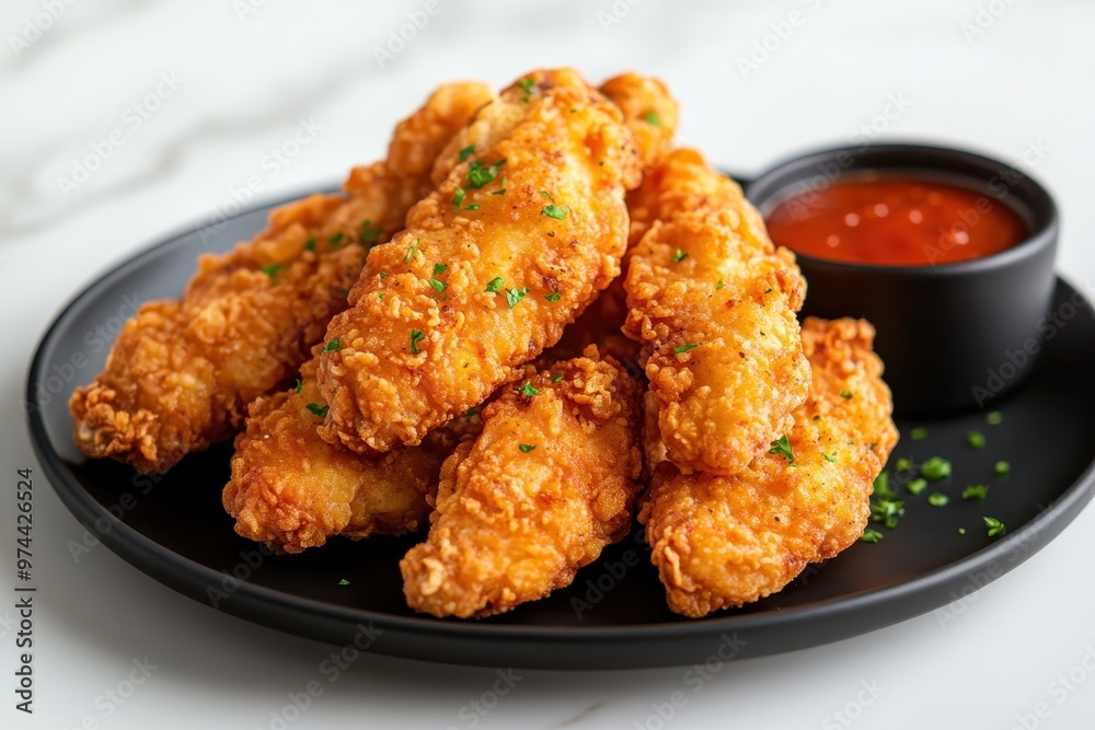 Crispy fried chicken tenders served with a side of dipping sauce. Crispy fried chicken tenders served with a side of dipping sauce.