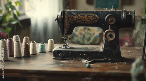 A vintage sewing machine on a shabby-chic wooden table, surrounded by spools of thread