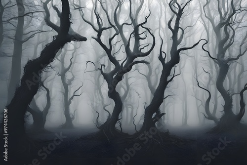 A shadowy forest filled with twisted tree silhouettes and eerie mist with faint lights glowing, AI Generated