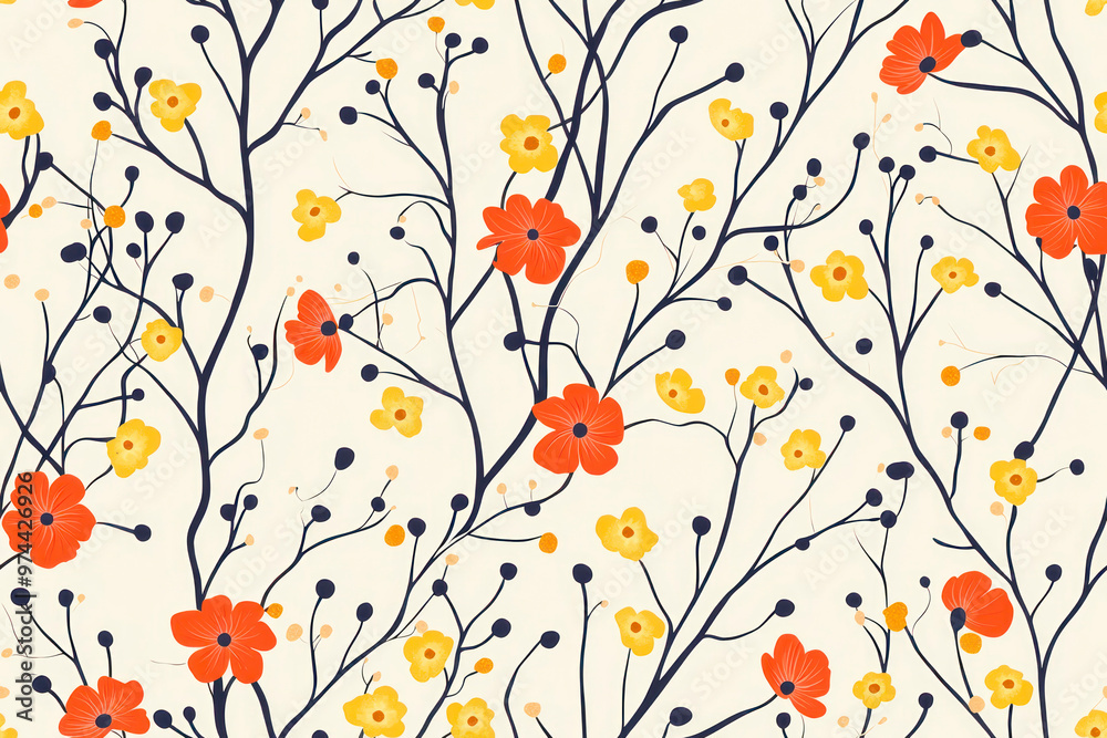 Pattern With Tender Flowers and Thin Branches. Floral Print. Pattern With Tender Flowers and Thin Branches. Floral Print.