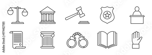 Law, legal and justice vector line icon set. Courthouse, court of law, scales outlined icons.