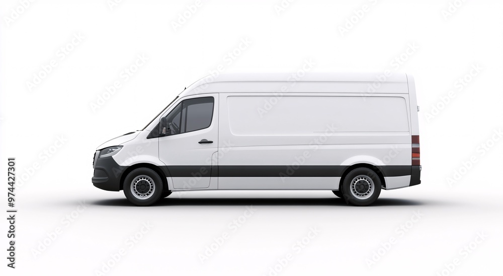 A white delivery van parked against a plain background, showcasing its design and features during daylight hours A white delivery van parked against a plain background, showcasing its design and features during daylight hours