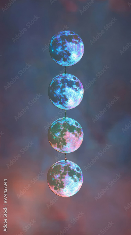 glowing moon phases in a vertical sequence against a colorful sky glowing moon phases in a vertical sequence against a colorful sky