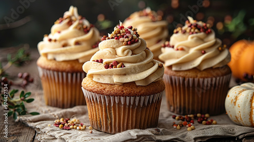 Festive Halloween cream color Cupcakes and Pumpkins on a Dark Backdrop