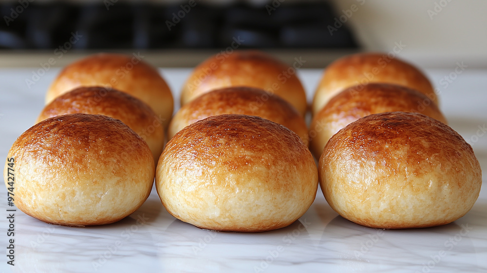 Freshly baked golden brown buns on a marble surface Freshly baked golden brown buns on a marble surface