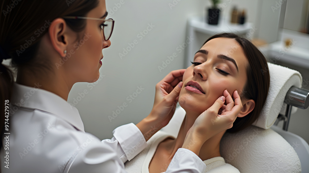 Fototapeta premium Cosmetologist examining patient's skin during facial procedure